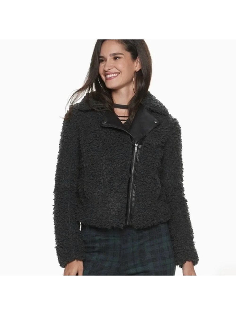 Rock & Republic Women Small Mixed Media Black Faux Leather Sherpa Moto Jacket